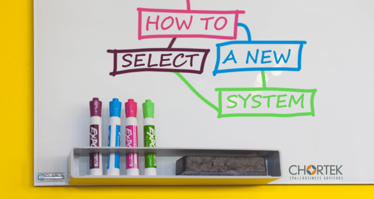 System Selection - Whiteboard with "how to select a new system" written