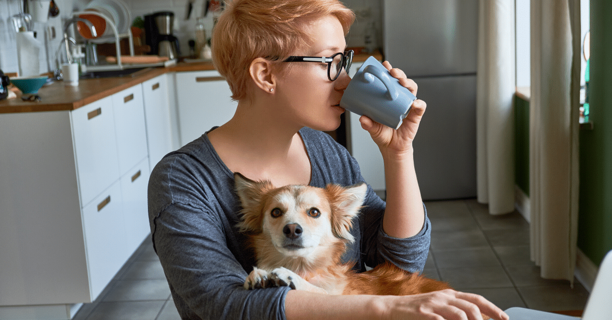 Gig economy financial planning - Image of a woman at her computer, sipping coffee with a dog in her lap