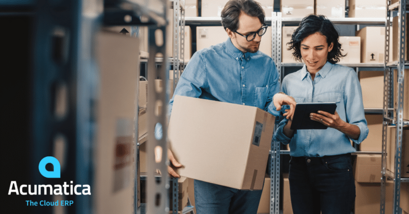 Acumatica Cloud ERP - Image of two workers with inventory and Acumatica Logo