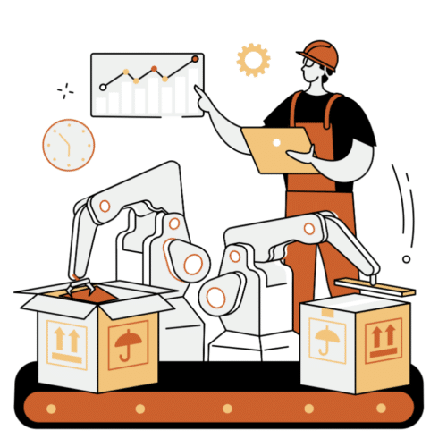 Illustration of a manufacturer reviewing key business metrics