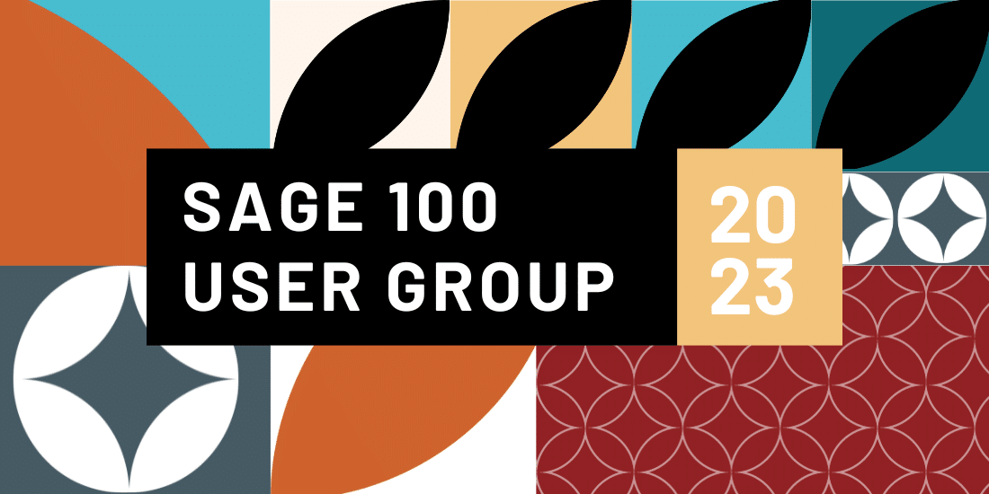 Illustrated graphic with the words "2023 Sage 100 User Group"