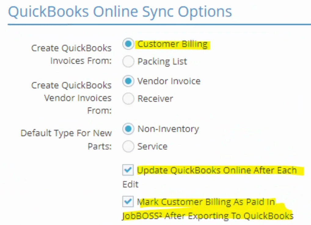 Three QuickBooks Online Sync options when integrating with JobBOSS2.