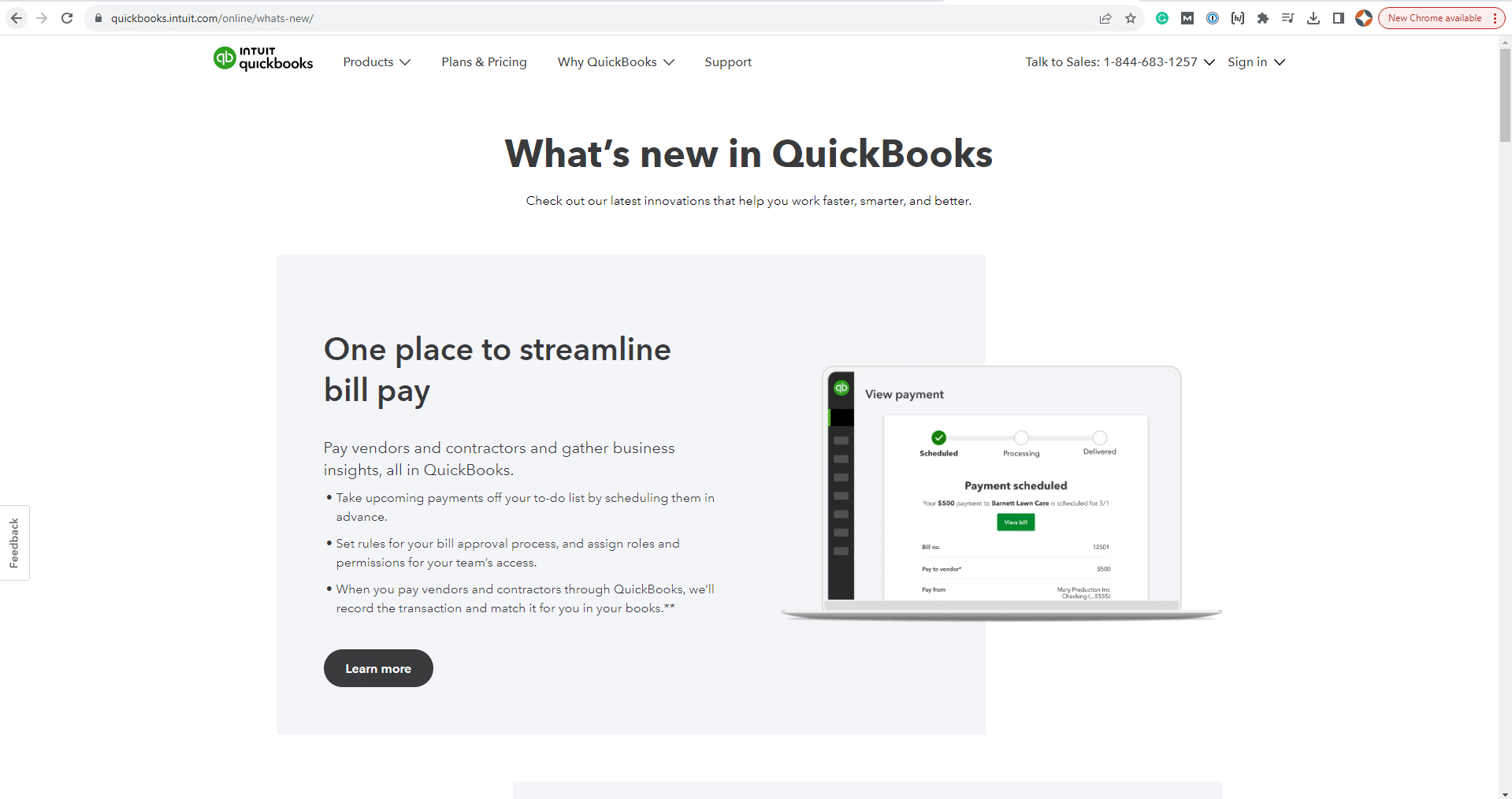 Screenshot of quickbooks website showcasing new product features