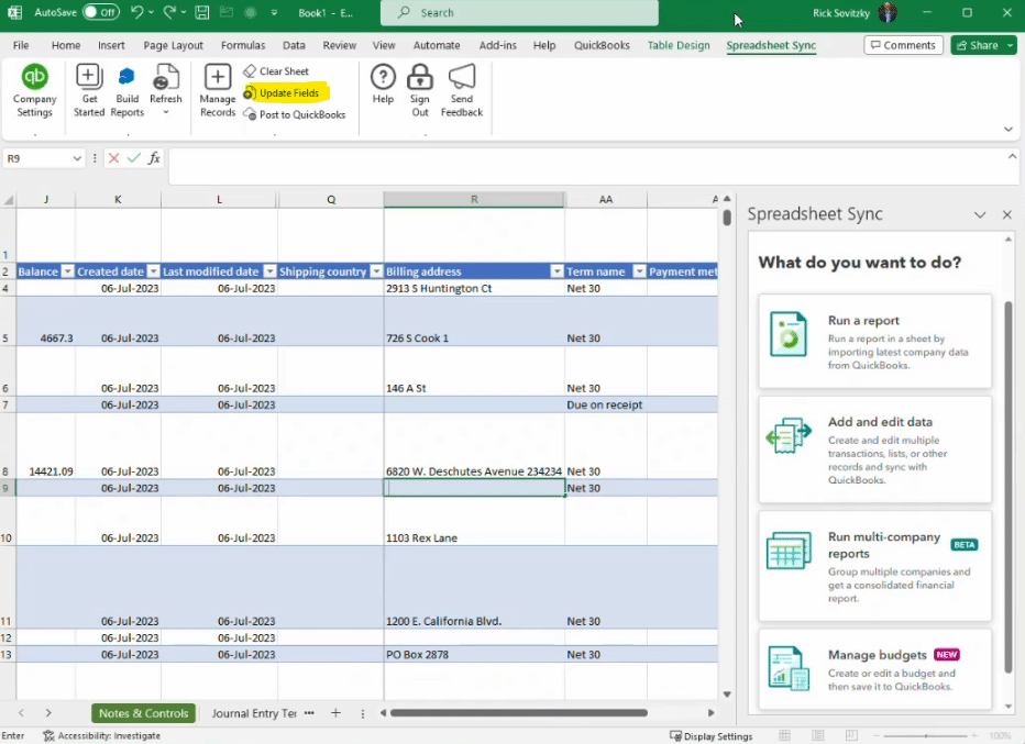 QuickBooks Online Spreadsheet Sync feature